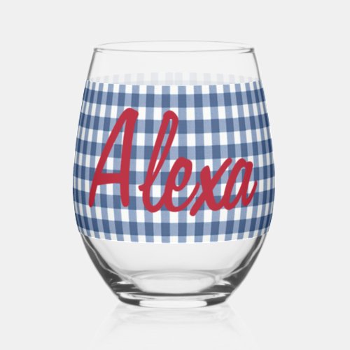 Blue and White Gingham With Name Stemless Wine Glass