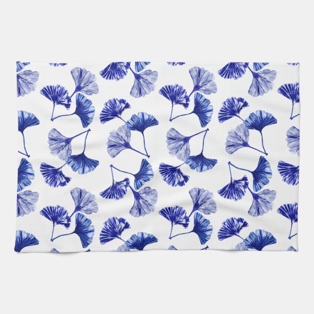 Blue and white gingko leaves kitchen towel (Horizontal)