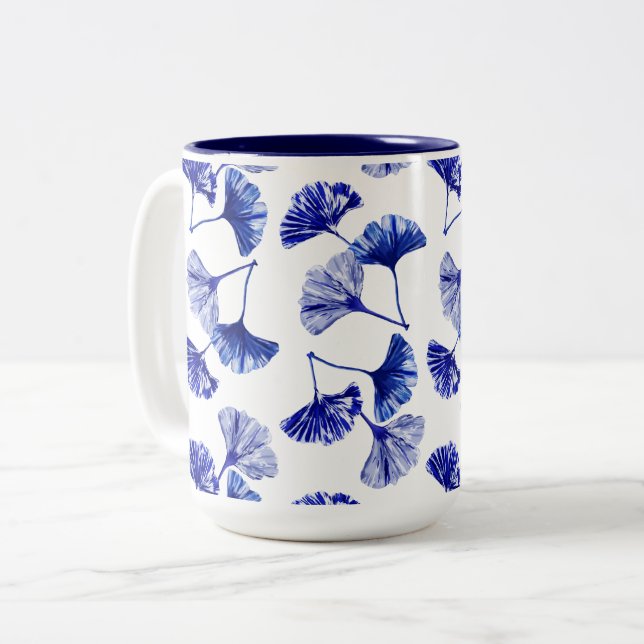 Blue and white gingko leaves Two-Tone coffee mug (Front Left)