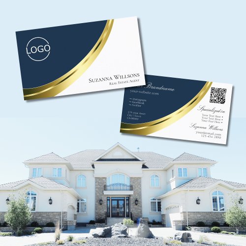 Blue and White Gold Decor with Logo and QR_Code Business Card