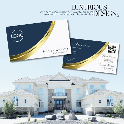 Blue and White Gold Decor with Logo and QR_Code Business Card