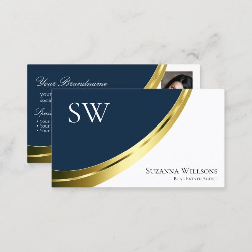 Blue and White Gold Decor with Monogram and Photo Business Card