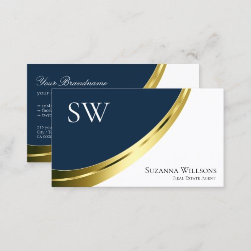 Blue and White Gold Decor with Monogram Stylish Business Card