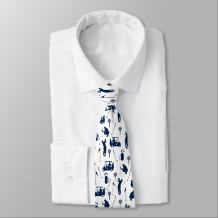 Blue and White Golf Symbols Pattern Neck Tie