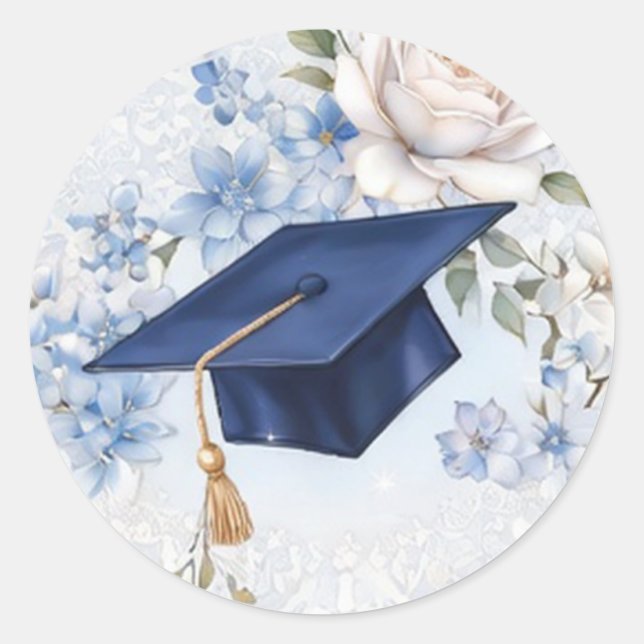 Blue and White Graduation Cap Floral Classic Round Sticker (Front)