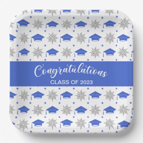 Blue and White Graduation Cap Pattern Paper Plates