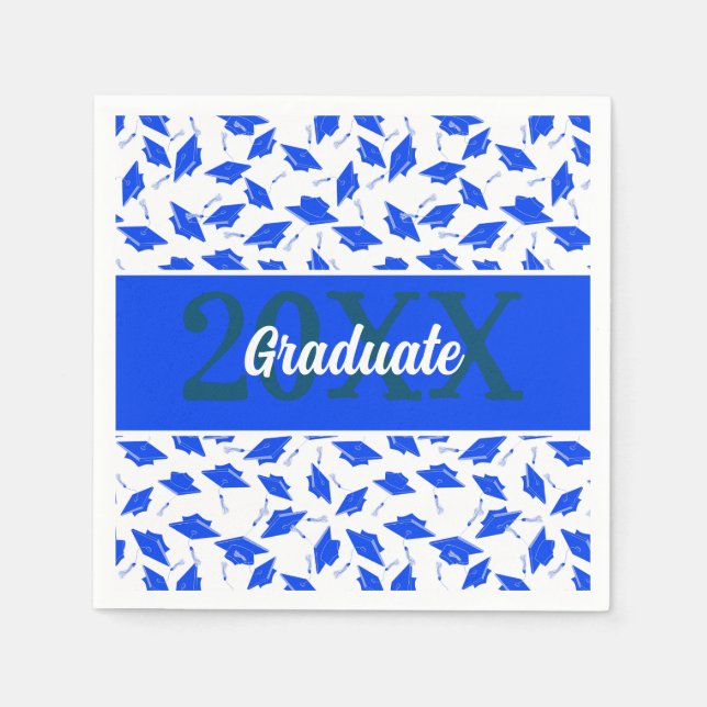 Blue and White Graduation Caps Tossed in the Air  Napkins (Front)