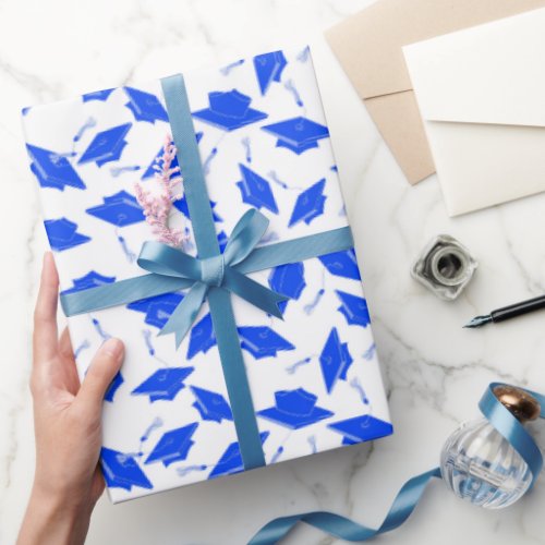 Blue and White Graduation Caps Tossed in the Air  Wrapping Paper