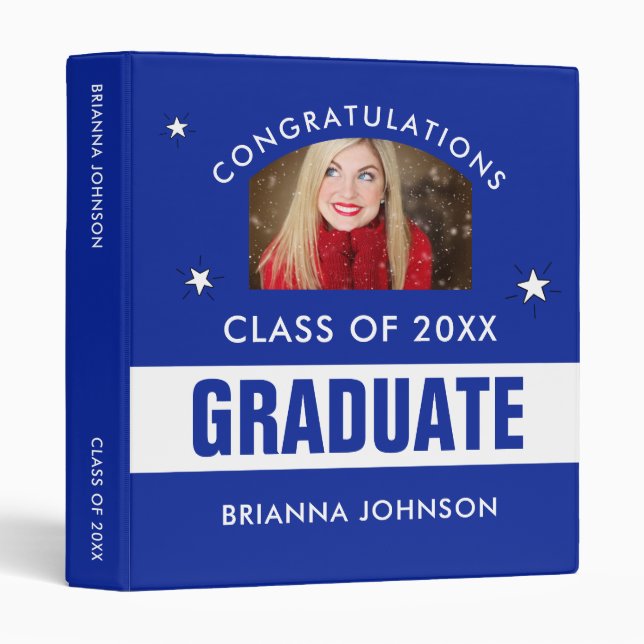 Blue and White Graduation Personalized Photo 3 Ring Binder (Front/Spine)