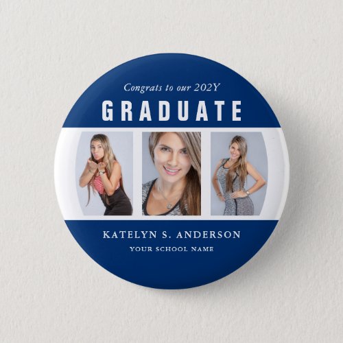Blue and White Graduation Photo Collage Custom Button