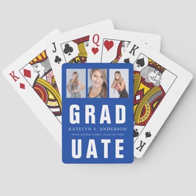 Blue and White Graduation Photo Collage Custom Poker Cards (Back)