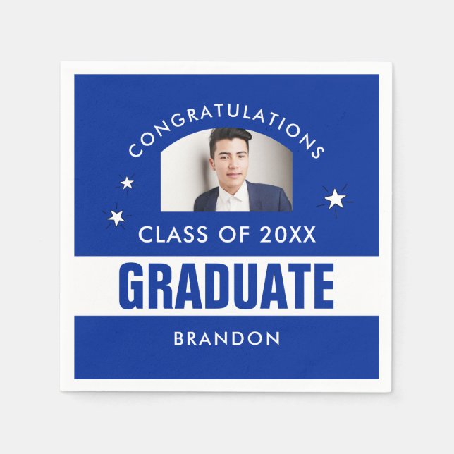 Blue and White Graduation Photo Custom Napkins (Front)