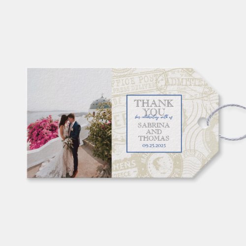 Blue and White Greece Wedding Photo Gift Tags