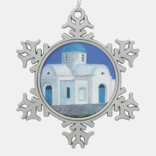 Blue And White Greek Cypriot Church Snowflake Pewter Christmas Ornament