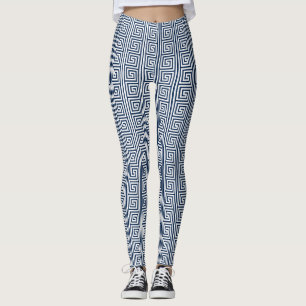Blue and white Greek fret meander print leggings