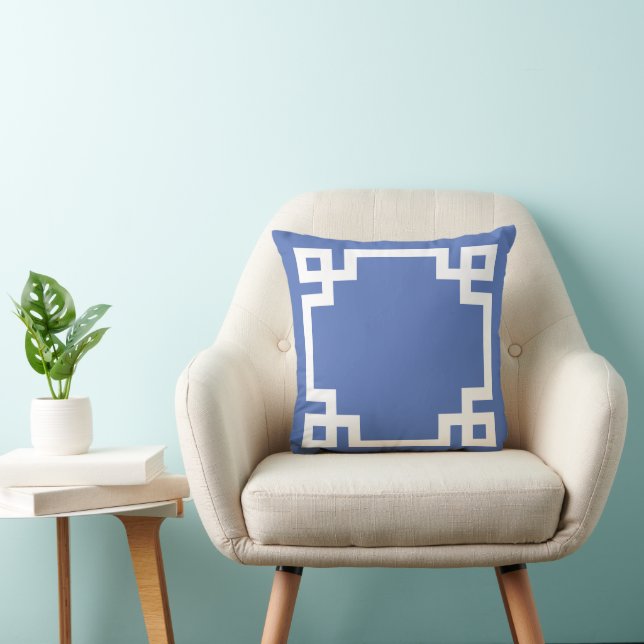 Blue and White Greek Key Border Throw Pillow (Chair)