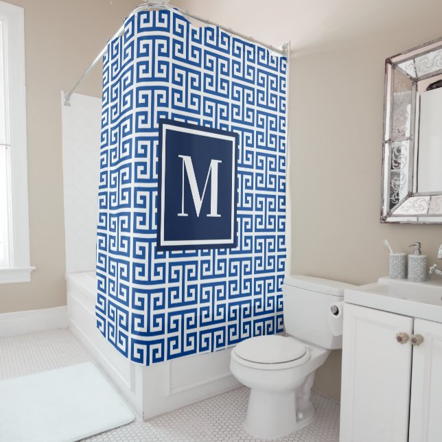 Blue and White Greek Key Monogram Shower Curtain (In Situ)