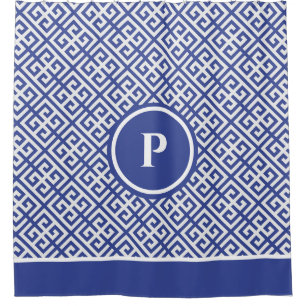 Blue and White Greek Key Monogrammed Shower Curtain