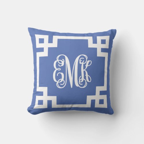Blue and White Greek Key Script Monogram Throw Pillow