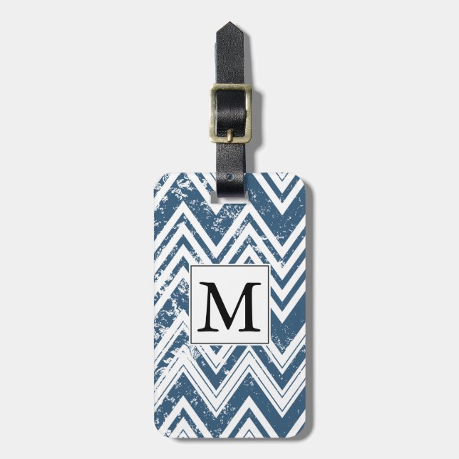 Blue and White Grunge Chevron Monogram Luggage Tag (Front Vertical)