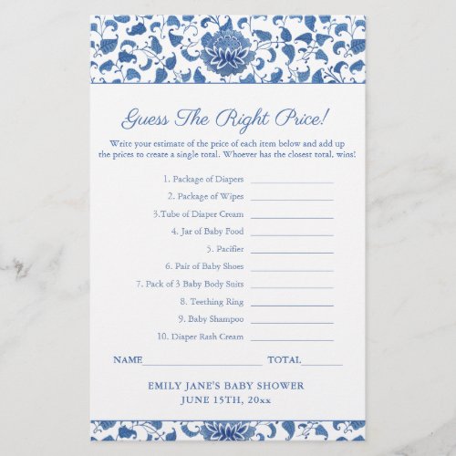 Blue And White Guess The Price Baby Shower Game