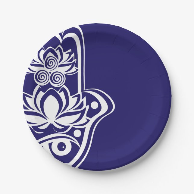 Blue and White Hamsa Paper Plates (Front)