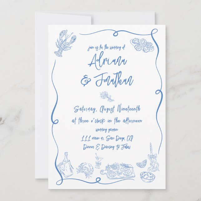 Blue and White Hand Drawn Wedding Invitation (Front)
