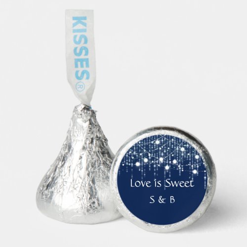 Blue and White Hanging Lights Chocolate Wedding Hersheys Kisses