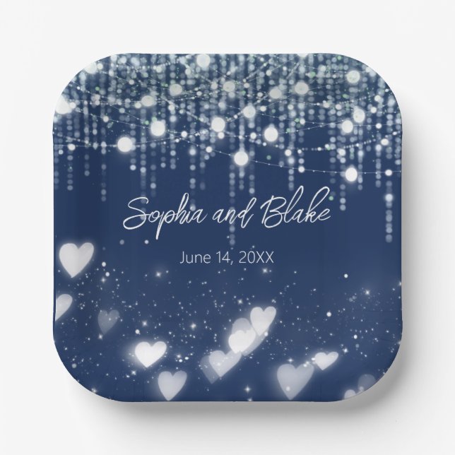 Blue and White Hanging Lights Wedding Paper Plates (Front)