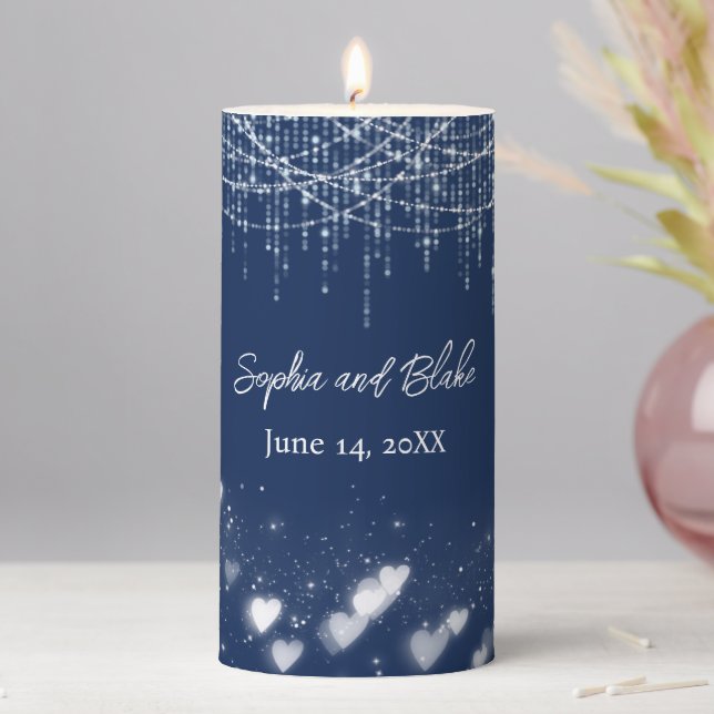 Blue and White Hanging Lights Wedding Pillar Candle (In Situ)