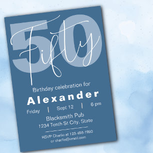 Blue And White Happy 50th Birthday Celebration Invitation
