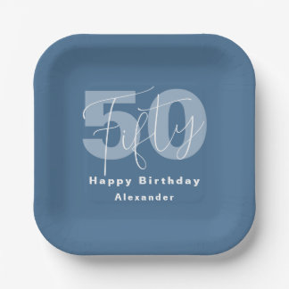 Blue And White Happy 50th Birthday Celebration Paper Plates