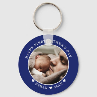 Blue And White Happy First Father's Day Photo     Keychain