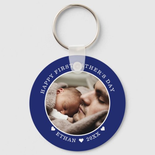 Blue And White Happy First Fathers Day Photo     Keychain