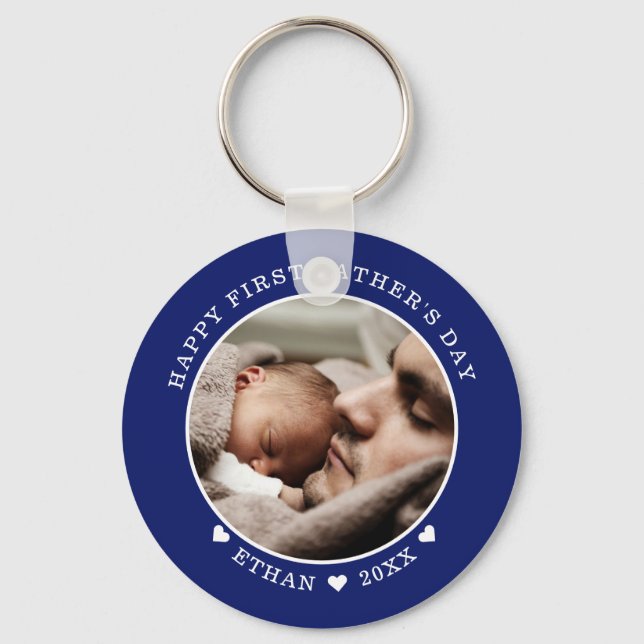 Blue And White Happy First Father's Day Photo     Keychain (Front)