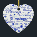 Blue and White Heart Blessings Hanukkah Ornament<br><div class="desc">A simple thought,  repeated in blue on a white background,  dotted with snowflakes.</div>