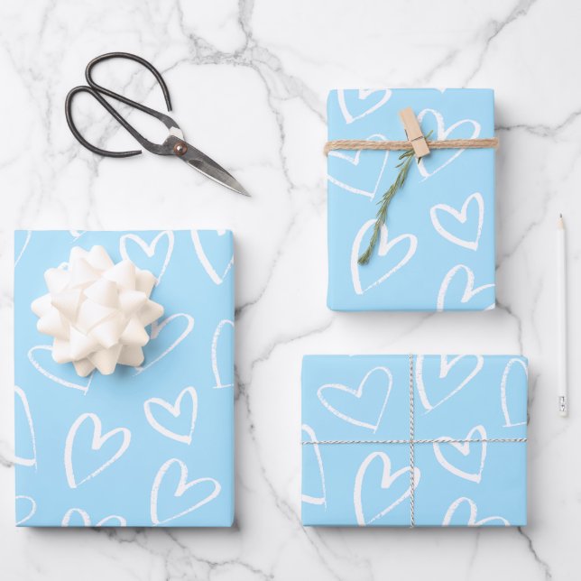 Blue and white heart pattern  wrapping paper sheets (Front)