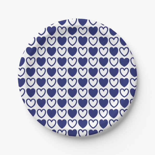 Blue and White Hearts Paper Plates (Front)