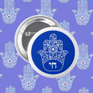 Blue and White Hebrew Chai Hamsa  Button