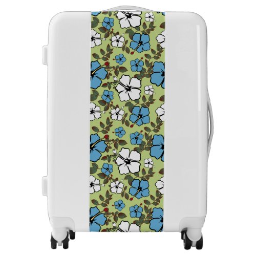 Blue and White Hibiscus on Green Luggage