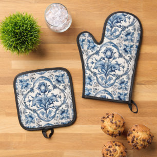 Blue and White Holland Pottery Tile Oven Mitt & Pot Holder Set