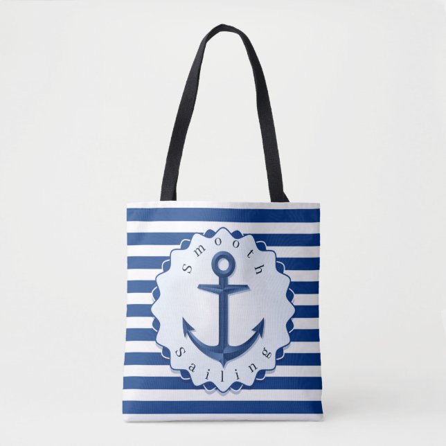 Blue and White Horizontal Stripe With Anchor       Tote Bag (Front)
