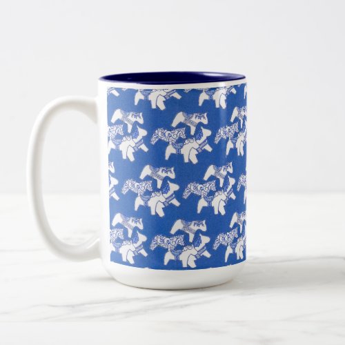 Blue and white horses Two_Tone coffee mug