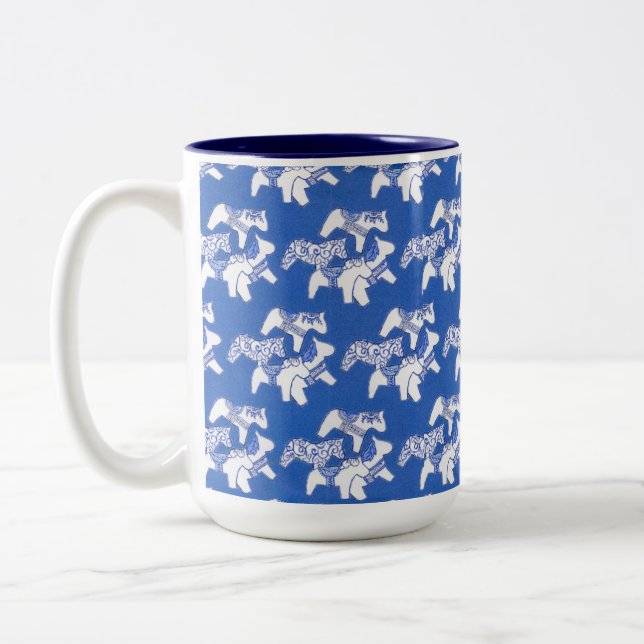 Blue and white horses Two-Tone coffee mug (Left)