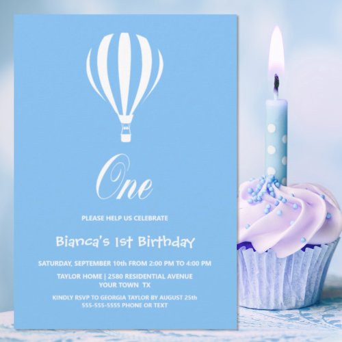 Blue and White Hot Air Balloon 1st Birthday Party Invitation