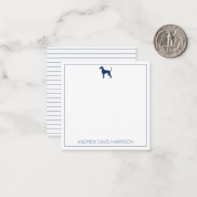 Blue and White Hound Dog Silhouette Personalized Note Card (Front/Back In Situ)