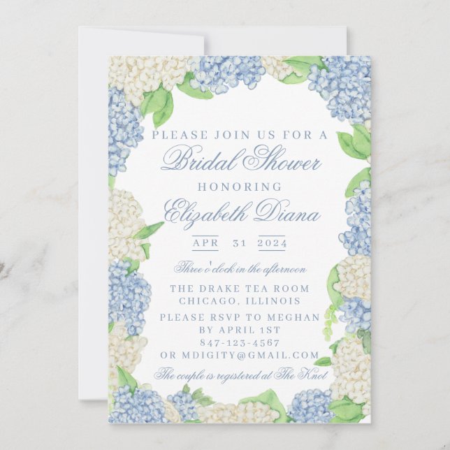 Blue and White Hydrangea Bridal Shower Invitation (Front)