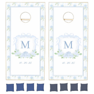 Blue and White Hydrangea Crest Cornhole Set