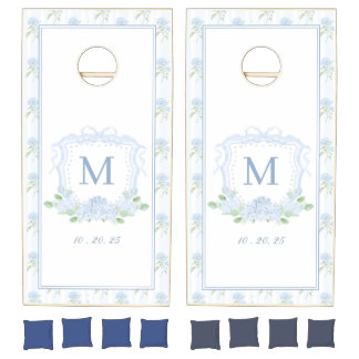 Blue and White Hydrangea Crest Cornhole Set