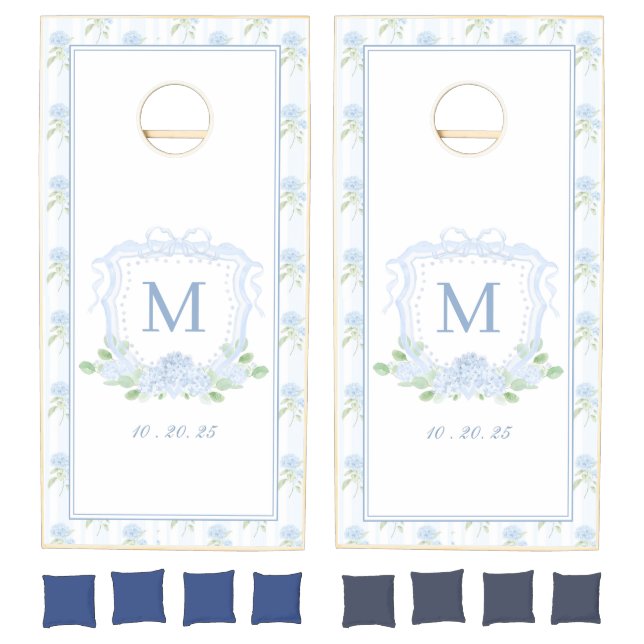 Blue and White Hydrangea Crest Cornhole Set (Set)